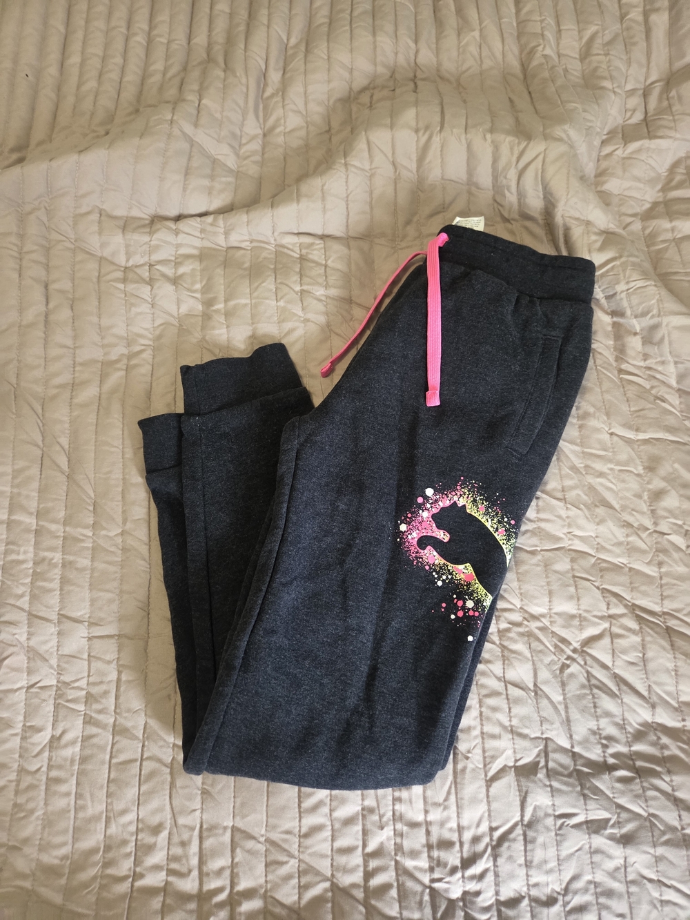 Puma Kids Dark Gray Sweatpants with Pink Drawstring and Neon Logo